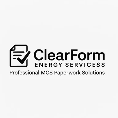 white logo showing paper with checkmark. writing states ClearForm Energy Services, Professional MCS paperwork solutions